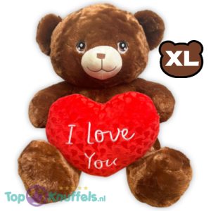 Teddybeer Donkerbruin met Rood Hart “I Love You” Pluche Knuffel XL 70 cm