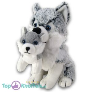 Husky met Baby (Grijs/Wit) Hond Pluche Knuffel 30 cm