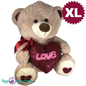 Teddybeer met Glitter Hart en Strikje (Beige) Pluche Knuffel 70 cm