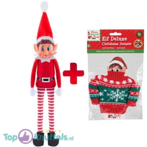 The Naughty Elf (Ondeugende Kerstelf) Pluche Knuffel 30 cm + Rood/Groen Kerstrui