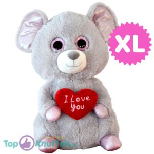 Grijze Muis met Rood Hart I Love You Pluche Knuffel XL 60 cm